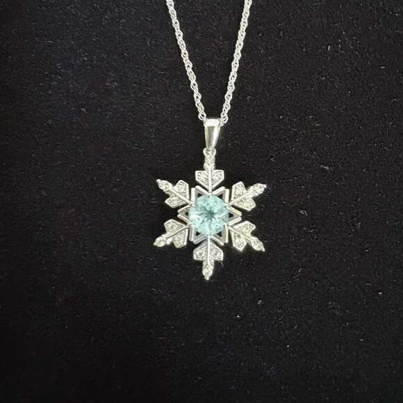 Snowflake Pendant 18" Necklace Simulated Blue & White Topaz 925 Sterling Silver - Picture 3 of 9
